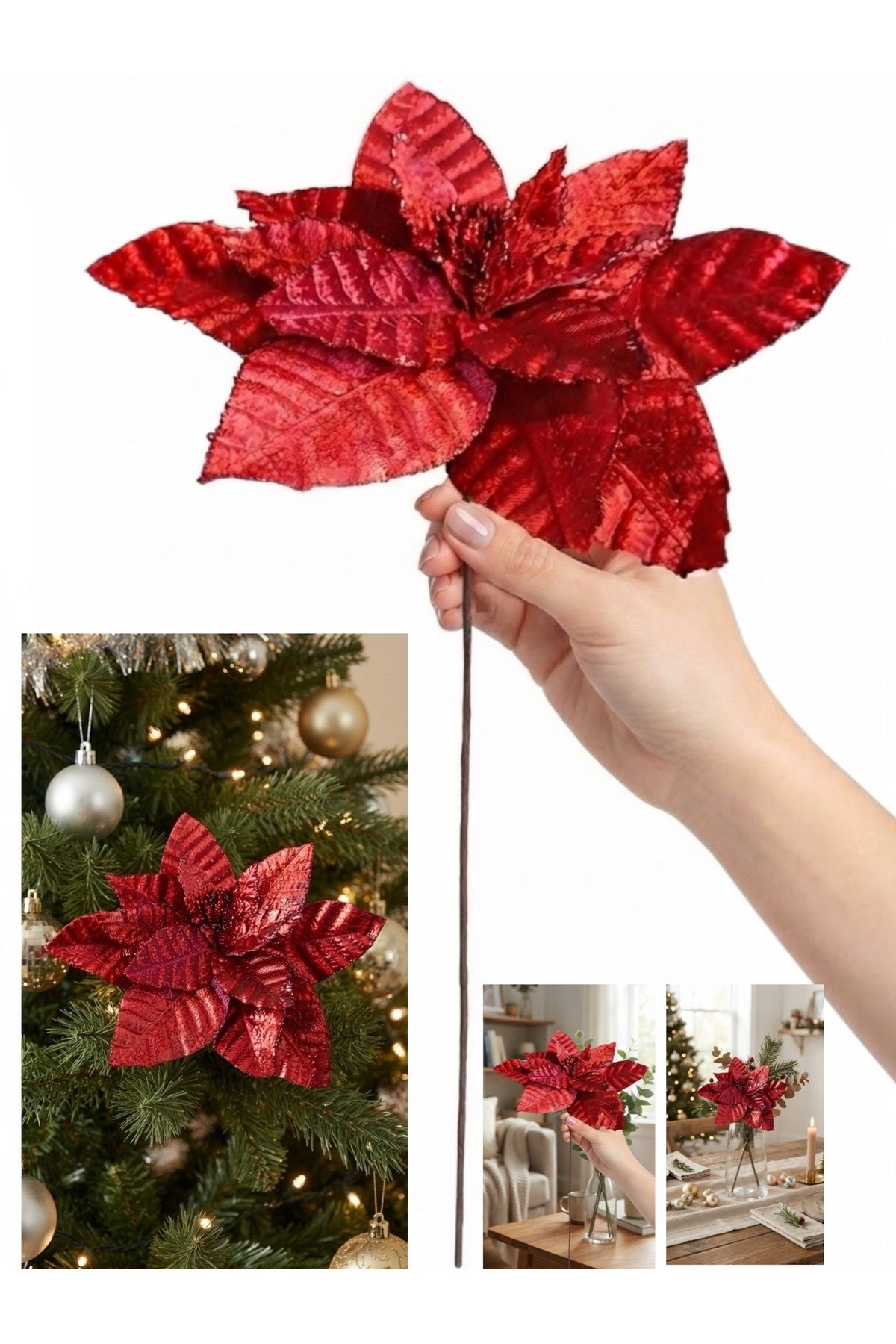 1 Adet Atatürk Çiçeği - 20x30 cm Kırmızı Yılbaşı Yıldızı ve Yılbaşı Ağaç Süsü
