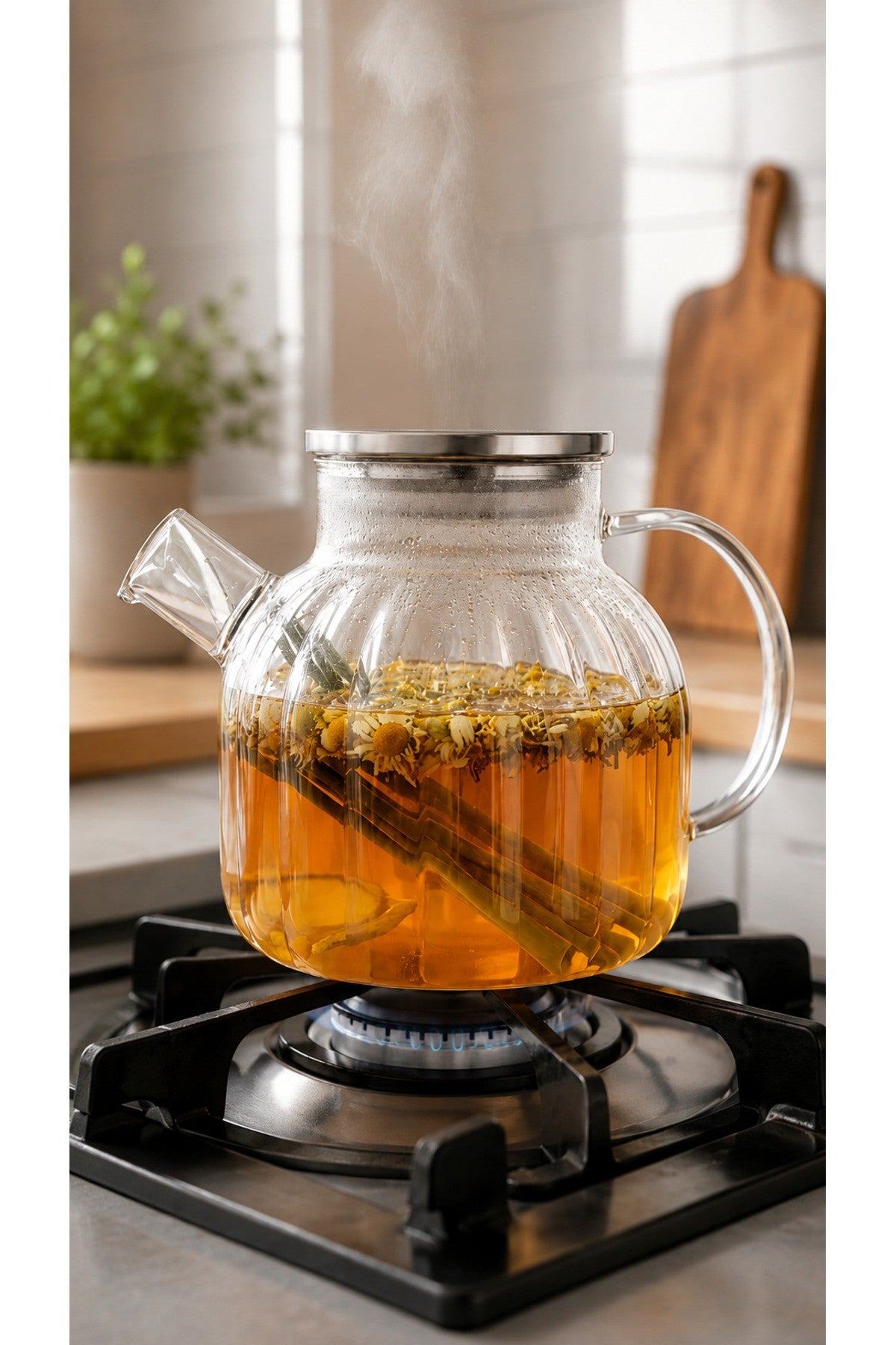 Balık Sırtı dilimli Model 1000ml Süzgeçli Cam Demlik