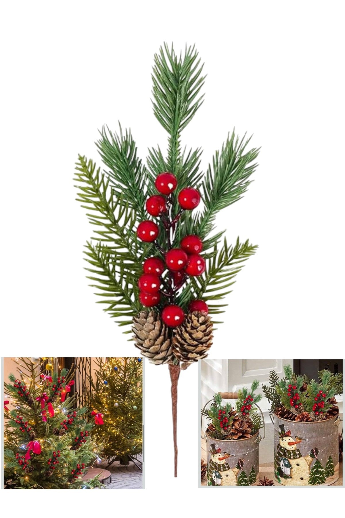 4 Adet 30 cm Çam Kozalaklı Kokina Red Berry Yılbaşı süsü