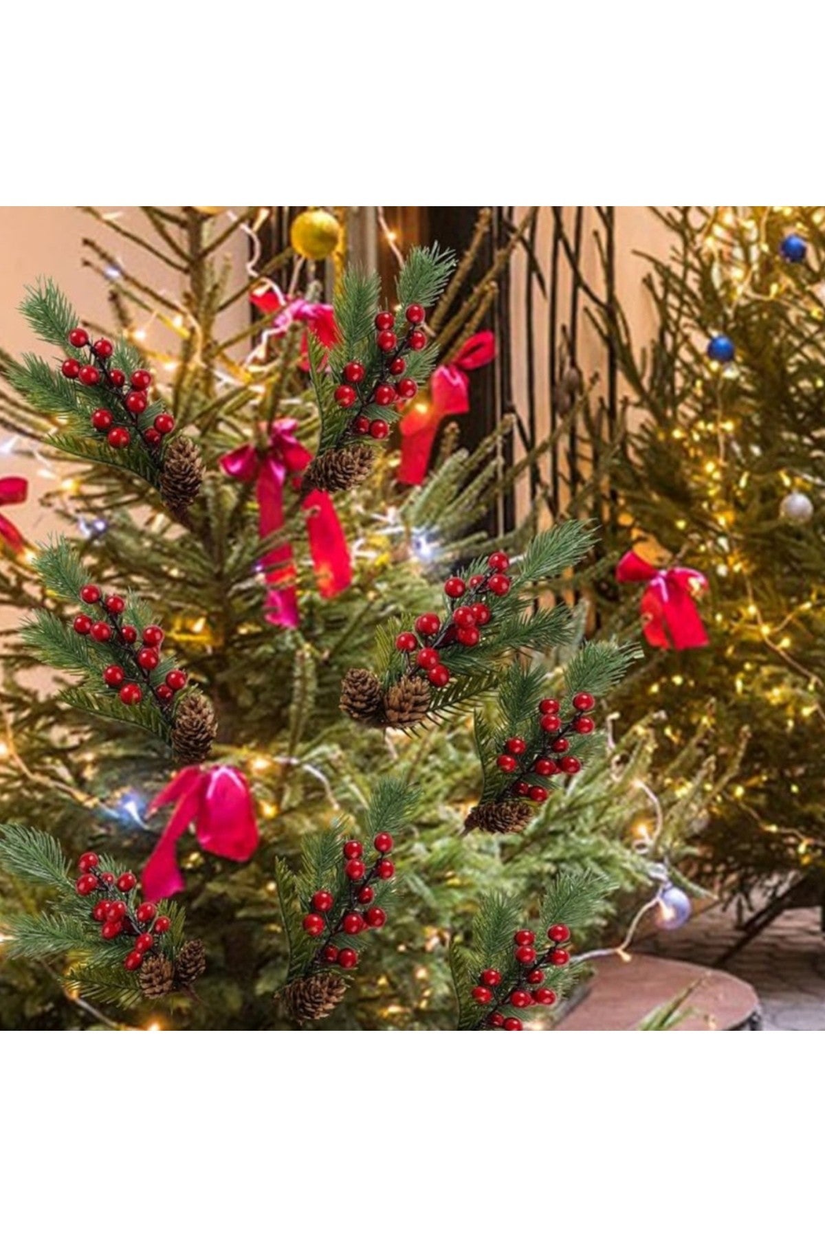 4 Adet 30 cm Çam Kozalaklı Kokina Red Berry Yılbaşı süsü