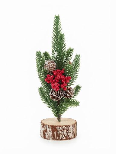 30cm Beyaz Ahşap Kütük Tabanlı Mini yılbaşı Dekoru – , Kozalak ve Kırmızı Meyveli Yılbaşı Süsü T221