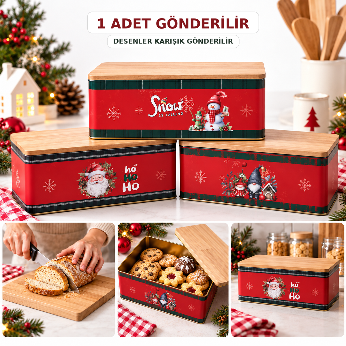 1 Adet Metal Yılbaşı Süsü Ahşap Kesme Tahtalı Ekmek Kutusu , Ölçüleri 30*20*11 Cm Çok Amaçlı Kutu